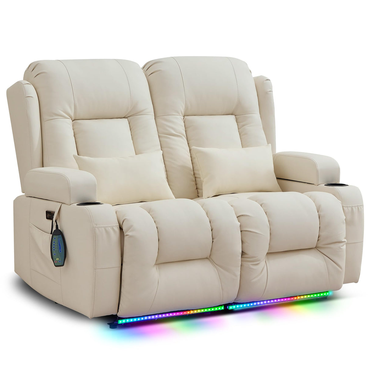 TUNYI Power Loveseat Recliner Sofa - Home Theater Seating with Massage & Heat Faux Leather RV Recliner Loveseat Sofa with USB/Cup Holder/Side Pocket/LED Light/Pillow (Cream White) TUNYI