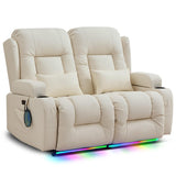 TUNYI Power Loveseat Recliner Sofa - Home Theater Seating with Massage & Heat Faux Leather RV Recliner Loveseat Sofa with USB/Cup Holder/Side Pocket/LED Light/Pillow (Cream White) TUNYI