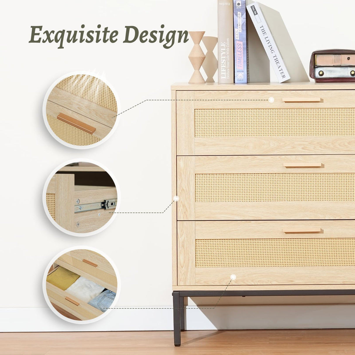 CCF Rattan Dresser 3 Drawer Dresser for Bedroom Mid Century Modern Dresser Natural Rattan Chest of Drawer Light Wood Dresser Boho Dressers for Entryway,Bedroom,Living Room,，Hallway，31.5'*31.5'*15' CCF