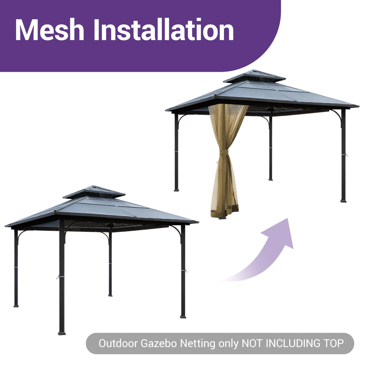 Tradesparker 10x10 Gazebo Replacement Mesh Walls,4-Sided Mosquito Screen Netting with 48Curtain Rings & 48Rail Hooks，Black (Universal Fit for Gazebo & Pergola) Tradesparker