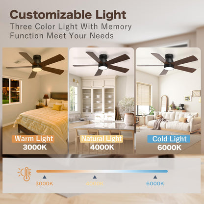 AKOFUN Ceiling Fans with Lights, 42 inch Low Profile Ceiling Fan with Light and Remote Control, Flush Mount, Reversible, 3CCT, Noiseless, 5 Blades Black Modern Ceiling Fan for Bedroom Living Room