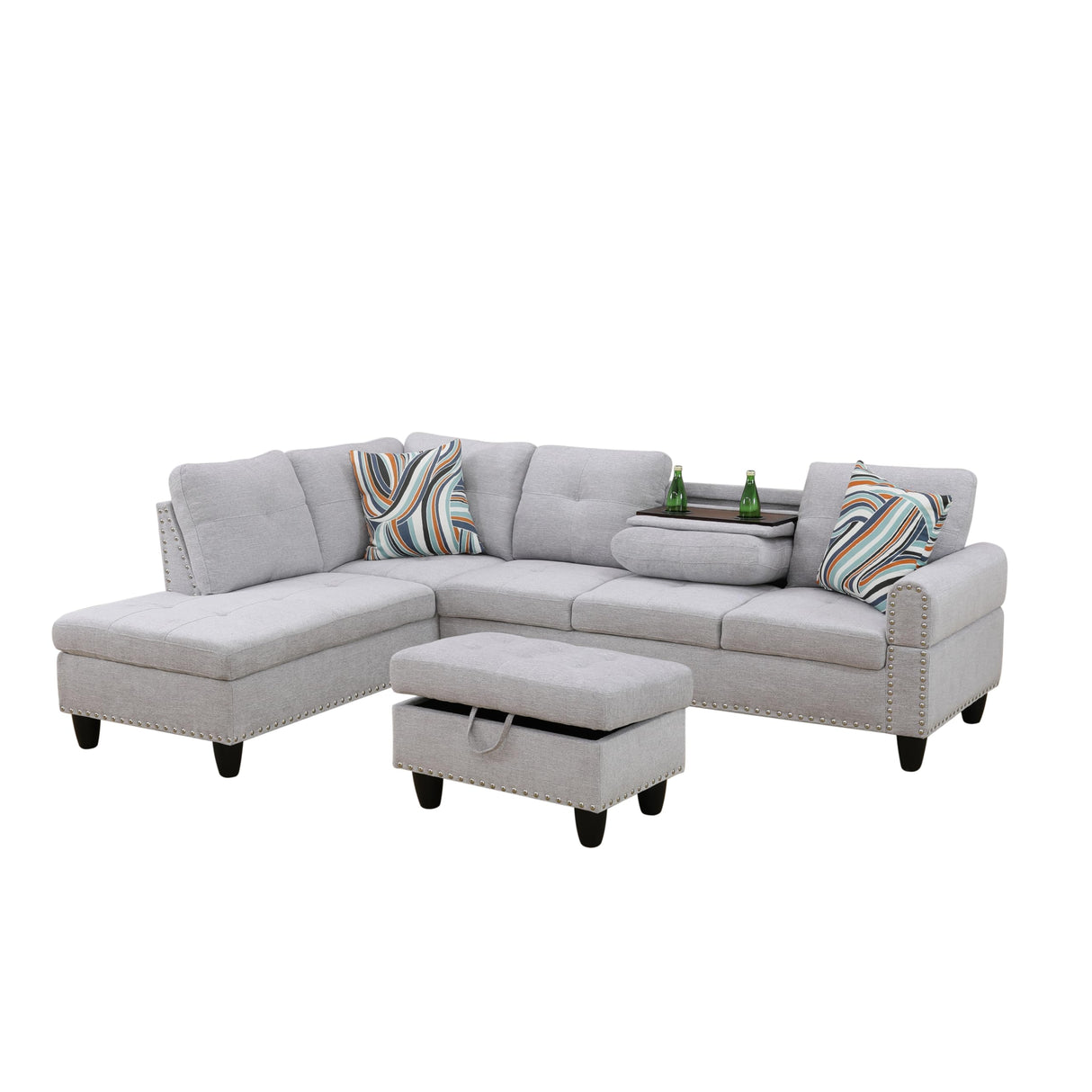 HFYee L Shaped Couch Sectional Couch Morden Sofas for Living Room Upholstered Futon Sofa Bed with Storage Ottoman and Cup Holders for Reception Room and Apartment, Grey White HFYee