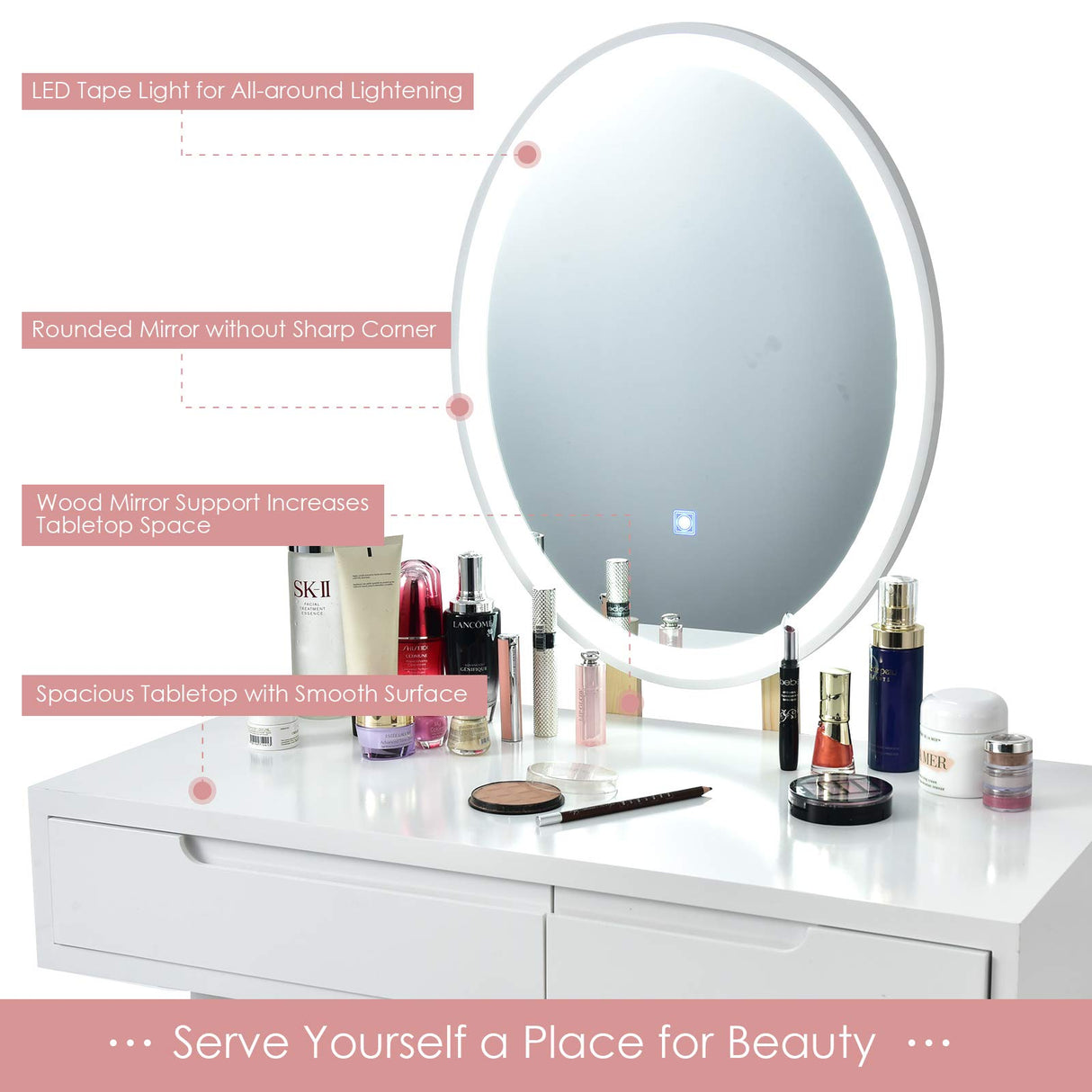 CHARMAID Vanity Set with Lighted Mirror, 3 Modes Adjustable Brightness Mirror, Makeup Dressing Table with Cushioned Stool, 2 Sliding Drawers with Divider, Modern Bedroom Vanity for Girls Women (White) CHARMAID