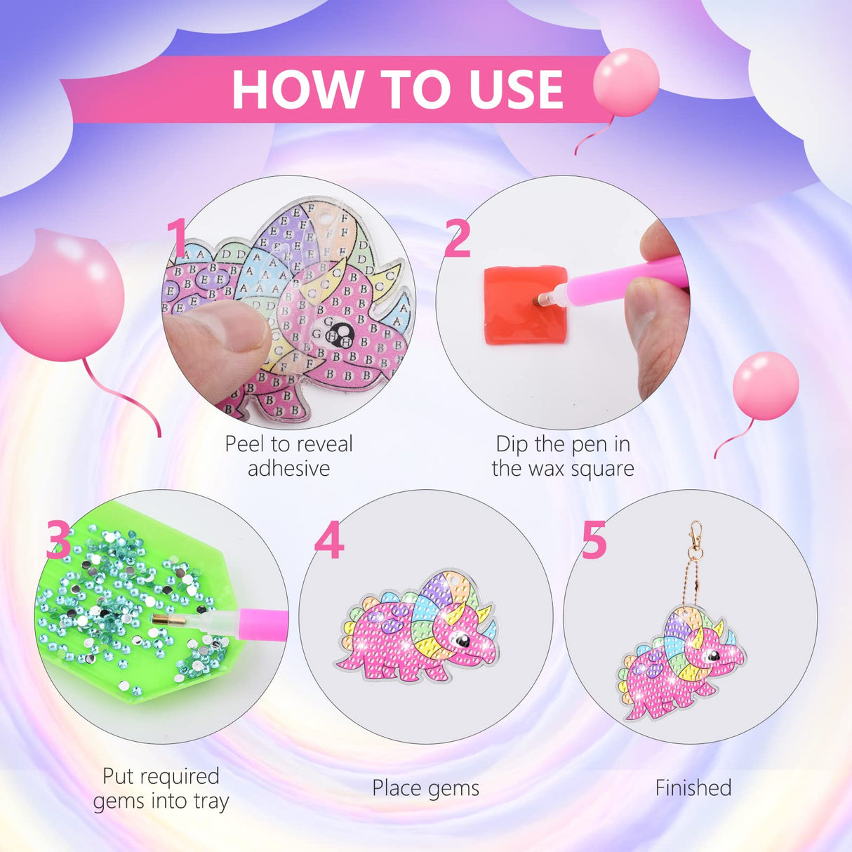 MATHARAGO Diamond Painting Kits - 5D Big Gems - Dinosaur Diamond Painting Keychains - Arts and Crafts for Kids Ages 6-8-12 - Diamond Art Keychains Stickers for Girls Gifts Party Ideas MATHARAGO