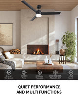 VONLUCE Ceiling Fans with Lights and Remote, 52 Inch Black Ceiling Fan, 3 Blades 6-Speeds Noiseless Reversible DC Motor, Modern Ceiling Fan for Farmhouse Bedroom Patio, Black VONLUCE