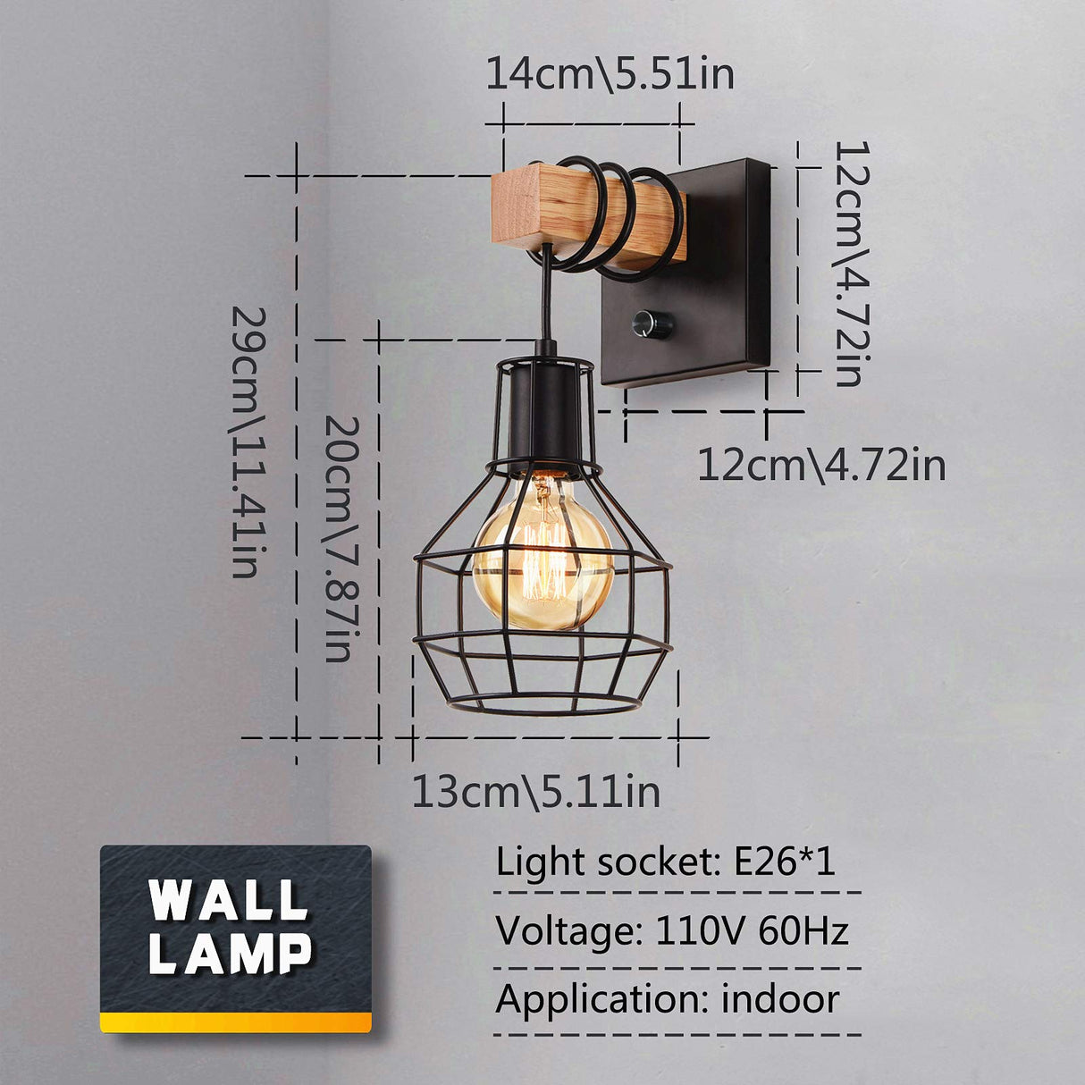 Black Wall Sconces with Dimmer ON/Off Switch, Cage Wall Mount Light Fixture Industrial Farmhouse Lighting for Living Room Kitchen, C71Y215 Lightess