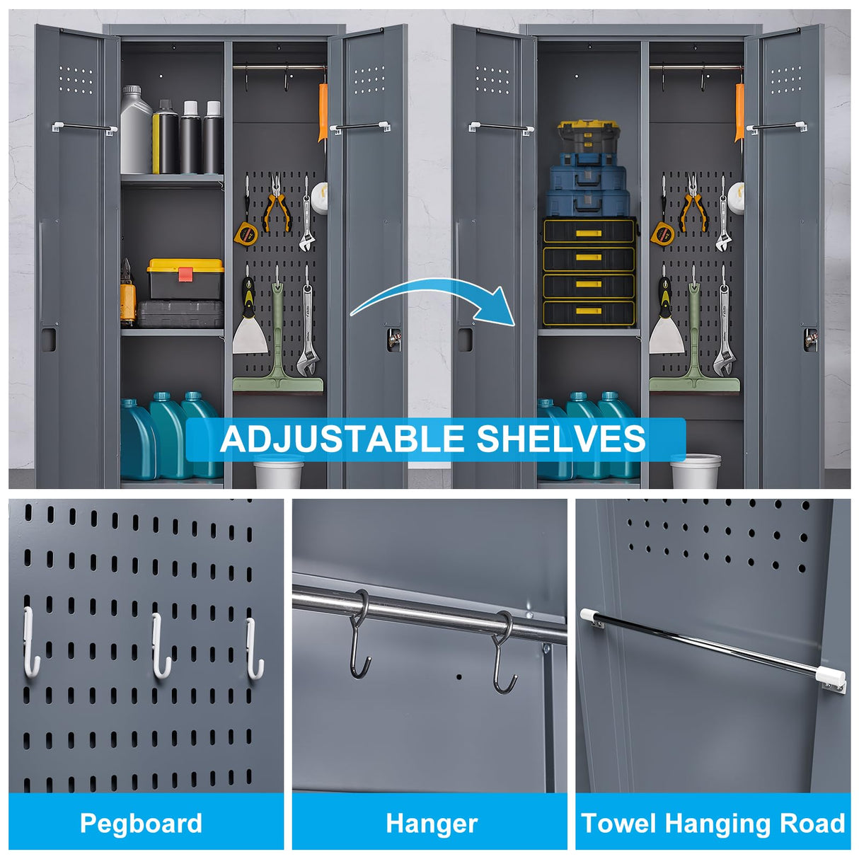 FATIGOS 65''H Broom Closet Storage Cabinets, Metal Utility Closet Storage Cabinet, Indoor Cleaning Cabinet with Adjustable Shelves and S-Hooks for Bathroom,Garage FATIGOS