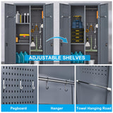 FATIGOS 65''H Broom Closet Storage Cabinets, Metal Utility Closet Storage Cabinet, Indoor Cleaning Cabinet with Adjustable Shelves and S-Hooks for Bathroom,Garage FATIGOS