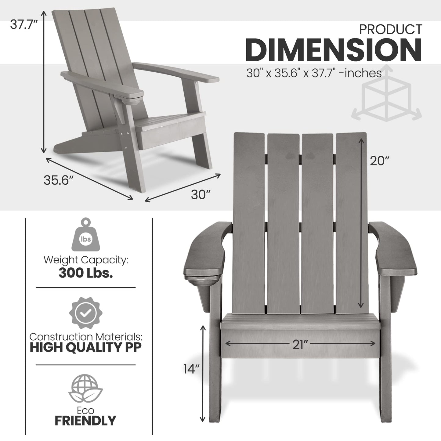 SereneLife Home Wooden Adirondack, Outdoor Patio Lounge Chairs for Fire Pit, Yard, Garden, Beach, and Backyard-Weather Resistant 300 Lb. Weight Capacity, large, Grey