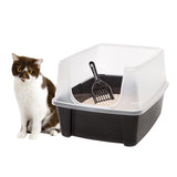 IRIS USA Large Cat Litter Box with Scatter Shield and Scoop, Open Top High Sided Cat Litter Pan, Black IRIS