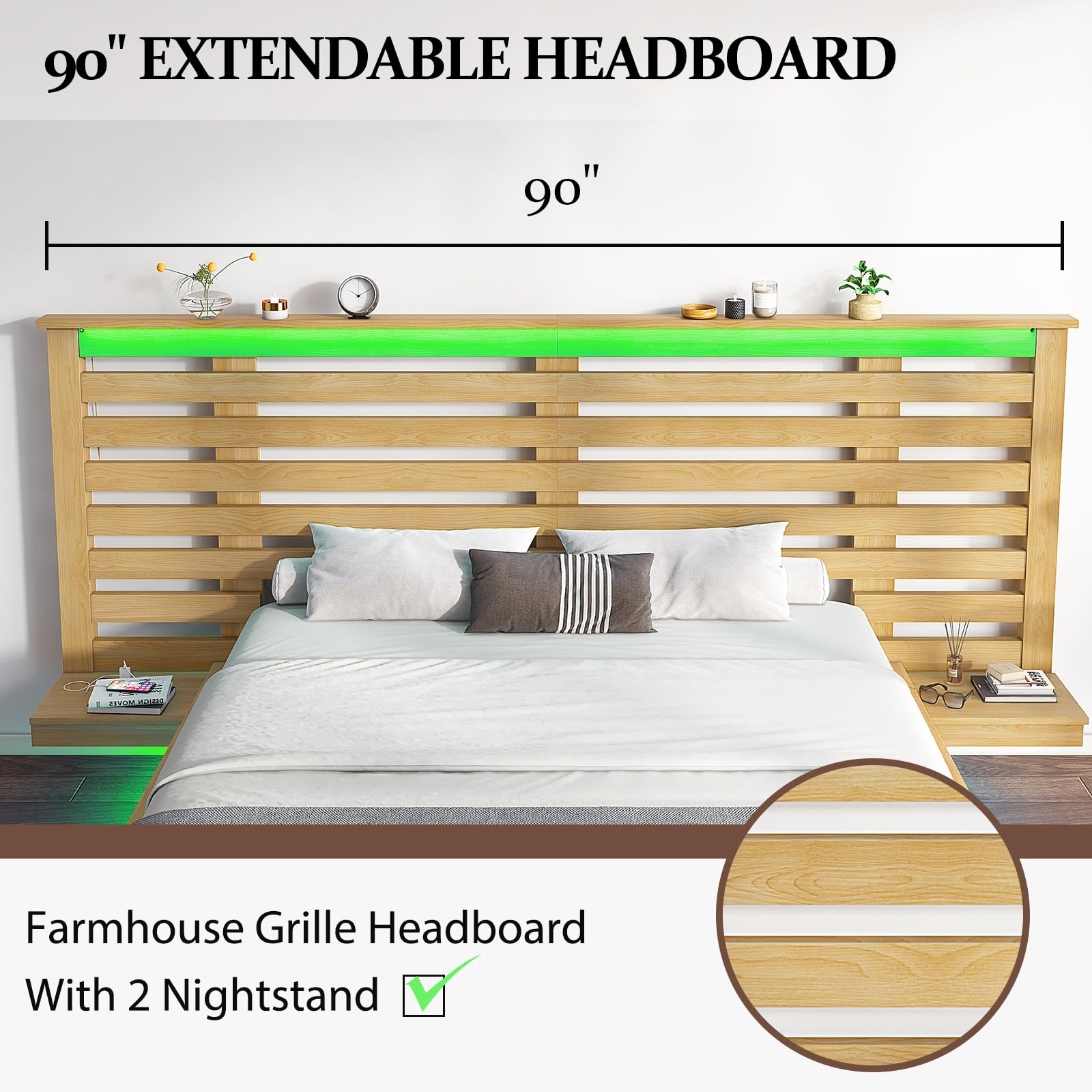 LUXOAK Maple Yellow Farmhouse Full Floating Bed Frame with LED Lighting & Charging Station - WoodArtSupply