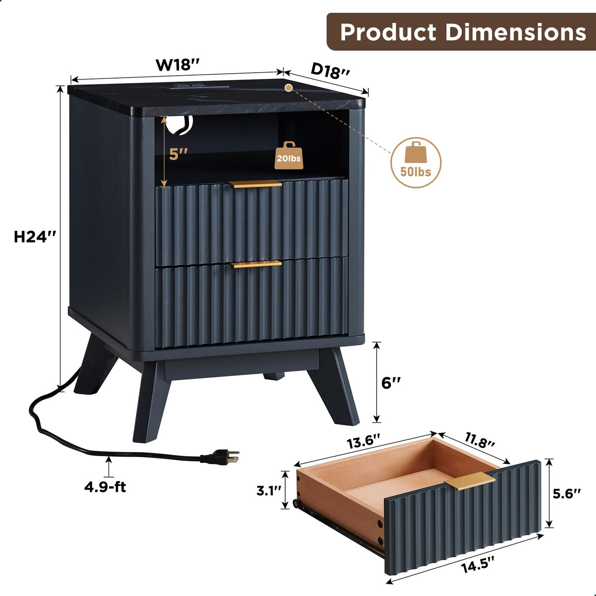 T4TREAM Fluted Nightstand with Charging Station, 18" Modern SideTable with Faux Marble Top, 2 Drawers End Table w/Storage, Bedside Table for Bedroom, Living Room, Curved Profile Design, Dark Grey T4TREAM