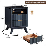 T4TREAM Fluted Nightstand with Charging Station, 18" Modern SideTable with Faux Marble Top, 2 Drawers End Table w/Storage, Bedside Table for Bedroom, Living Room, Curved Profile Design, Dark Grey T4TREAM