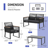 Patiorama 4 Piece Patio Furniture Set, Outdoor Wicker Bistro Set, All-Weather Black PE Rattan Conversation Set w/Coffee Table, Loveseat, Wood-Like Armrest, Cushions for Garden Balcony Deck, Dark Grey Patiorama