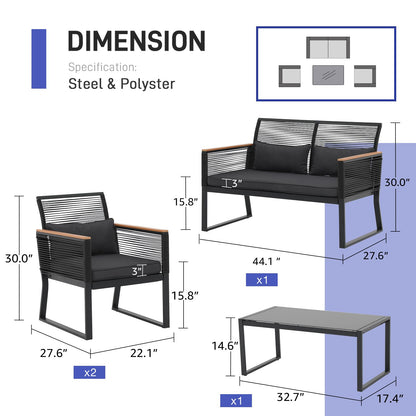 Patiorama 4 Piece Patio Furniture Set, Outdoor Wicker Bistro Set, All-Weather Black PE Rattan Conversation Set w/Coffee Table, Loveseat, Wood-Like Armrest, Cushions for Garden Balcony Deck, Dark Grey