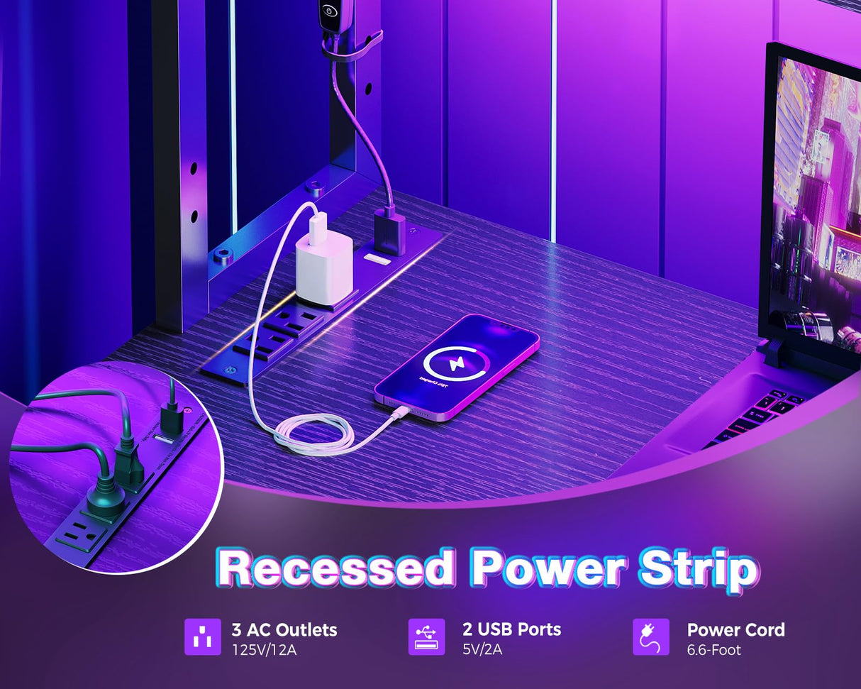 AODK L Shaped Desk Gaming Desk with LED Light & Power Outlet, 53 Inch Reversible L Shaped Computer Desk with Shelf, Corner Desk with Storage Bag&Hook for Home Office Desk, Black AODK