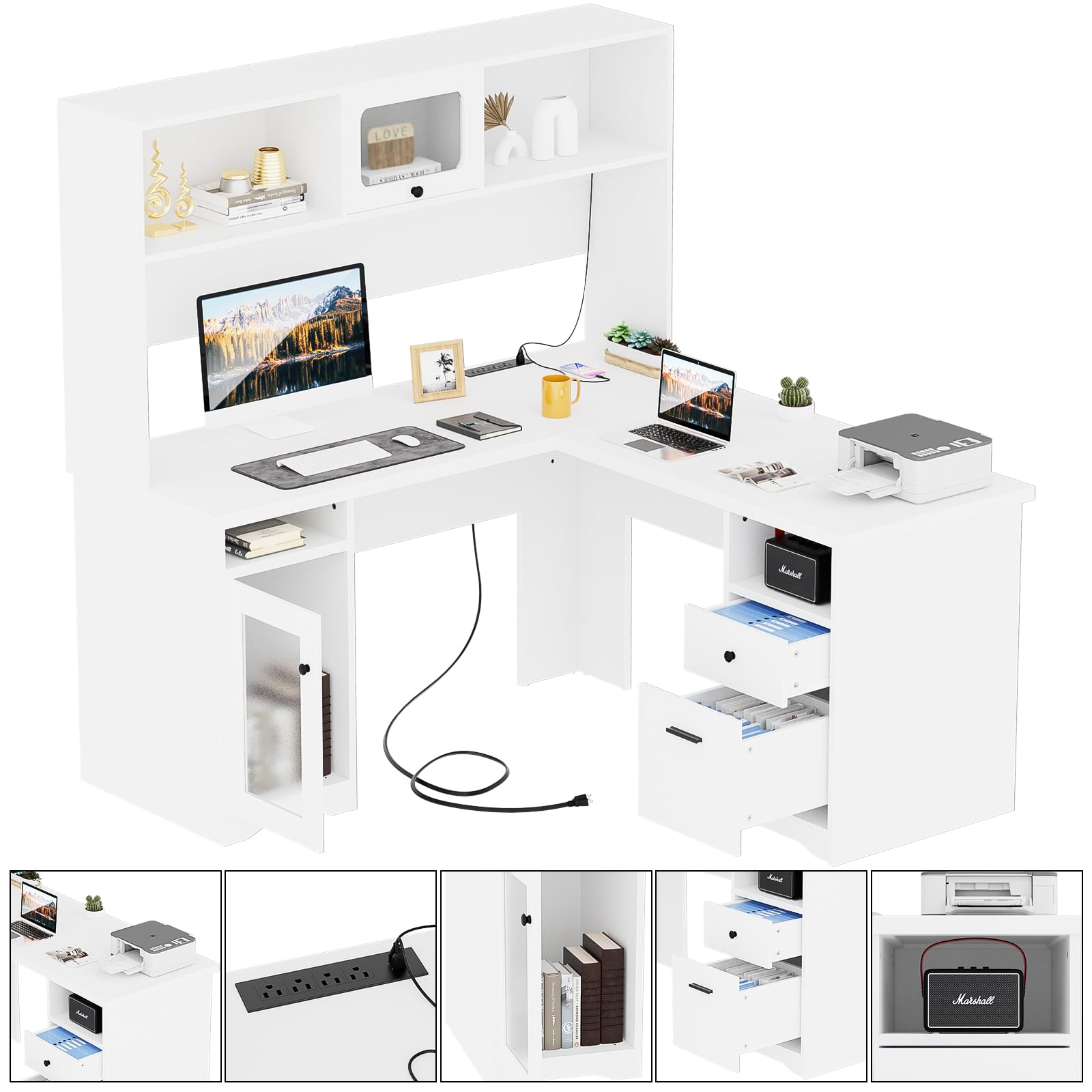 Unikito L Shaped Desk with Drawers, 60 Inch Office Desk with Power Outlet and LED Lights, Sturdy Corner Computer Desk with Hutch and File Cabinets, 2 Person Home Office Gaming Table, White - WoodArtSupply