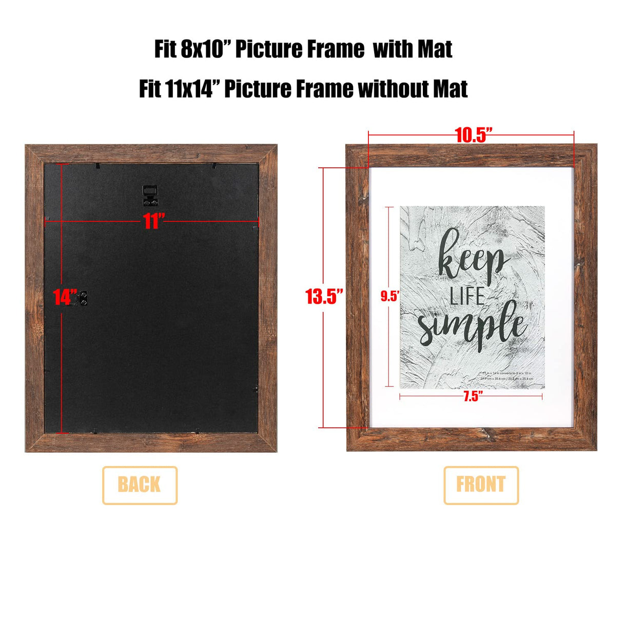 kennethan Rustic Brown 11x14 Picture Frame - Made to Display Pictures 8x10 with Mat or 11x14 Without Mat - Wide Molding - Wall Mounting Material Included kennethan