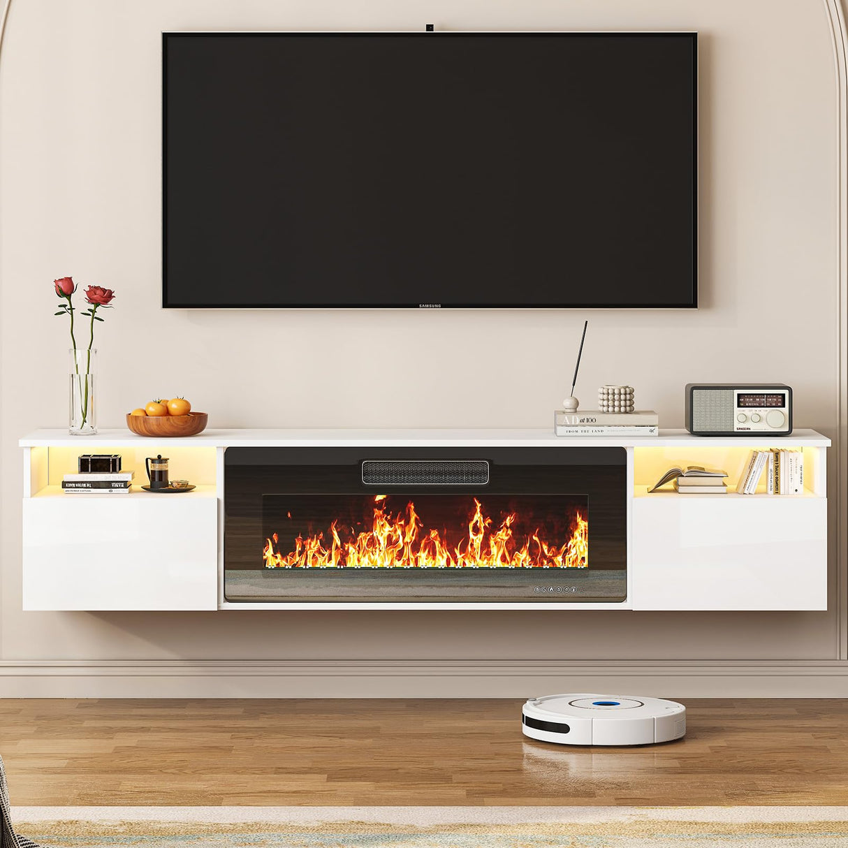 TABU 70" Floating TV Stand with 36" Electric Fireplace Heater, Modern Entertainment Center with High Gloss Finish & LED Ambient Light, for TVs Up to 80", Wall Mounted, White TABU