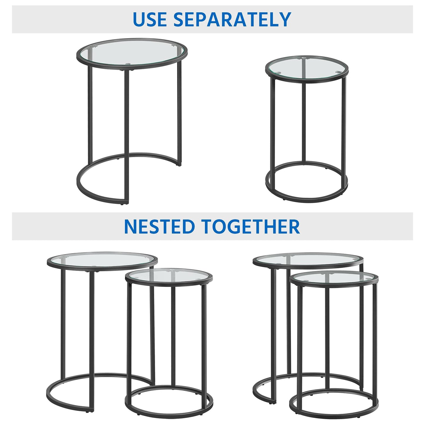 Yaheetech Round Nesting End Table Set of 2,Stacking Side Tables,Coffee Tables Set w/Metal Frame & Glass Top & Protective Foot Pads for Small Space, Living Room, Office- Black