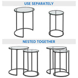 Yaheetech Round Nesting End Table Set of 2,Stacking Side Tables,Coffee Tables Set w/Metal Frame & Glass Top & Protective Foot Pads for Small Space, Living Room, Office- Black Yaheetech