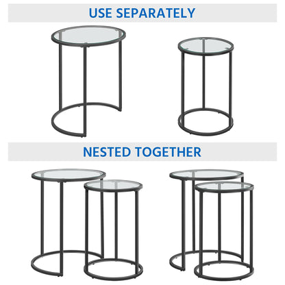 Yaheetech Round Nesting End Table Set of 2,Stacking Side Tables,Coffee Tables Set w/Metal Frame & Glass Top & Protective Foot Pads for Small Space, Living Room, Office- Black