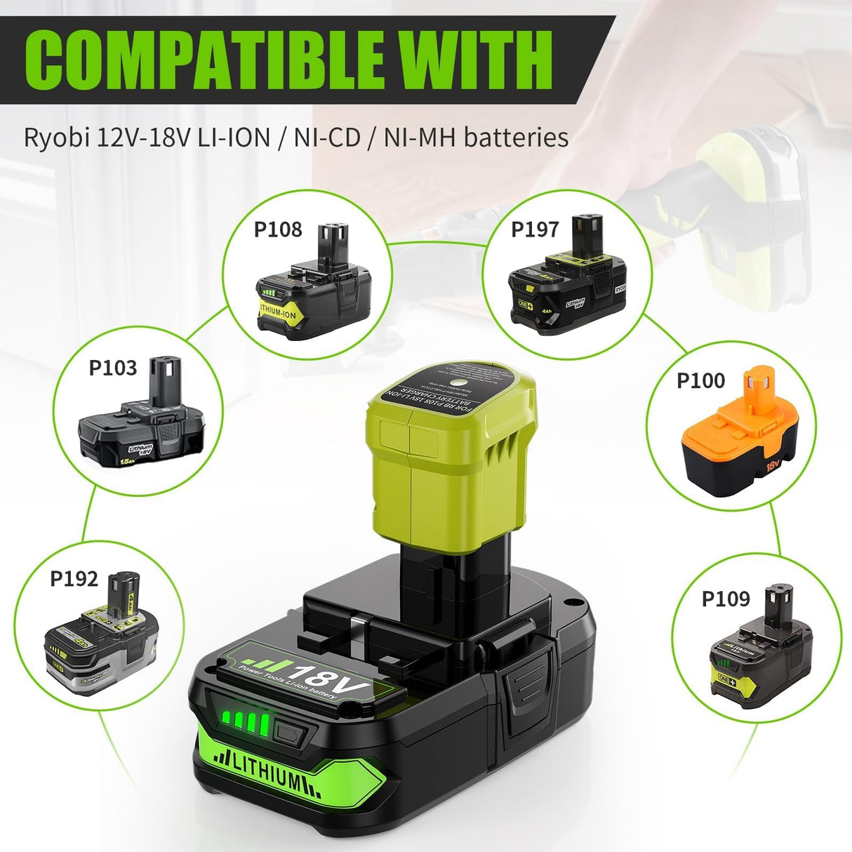 Upgraded 3.8Ah Replacement for Ryobi 18V Battery Lithium and Charger Compatible with Ryobi 18 Volt Battery ONE+ Plus P102 P103 P104 P105 P107 P108 P109 Cordless Tools TURPOW