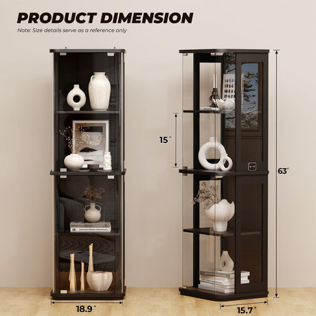 BROTTAR Rounded Display Cabinet with Glass Door, 4-Tier Curio Cabinet with 3 Color Lights for Collectibles, Glass Display Case with Transparent Full-Display Surface, Human Body Sensor, Black BROTTAR