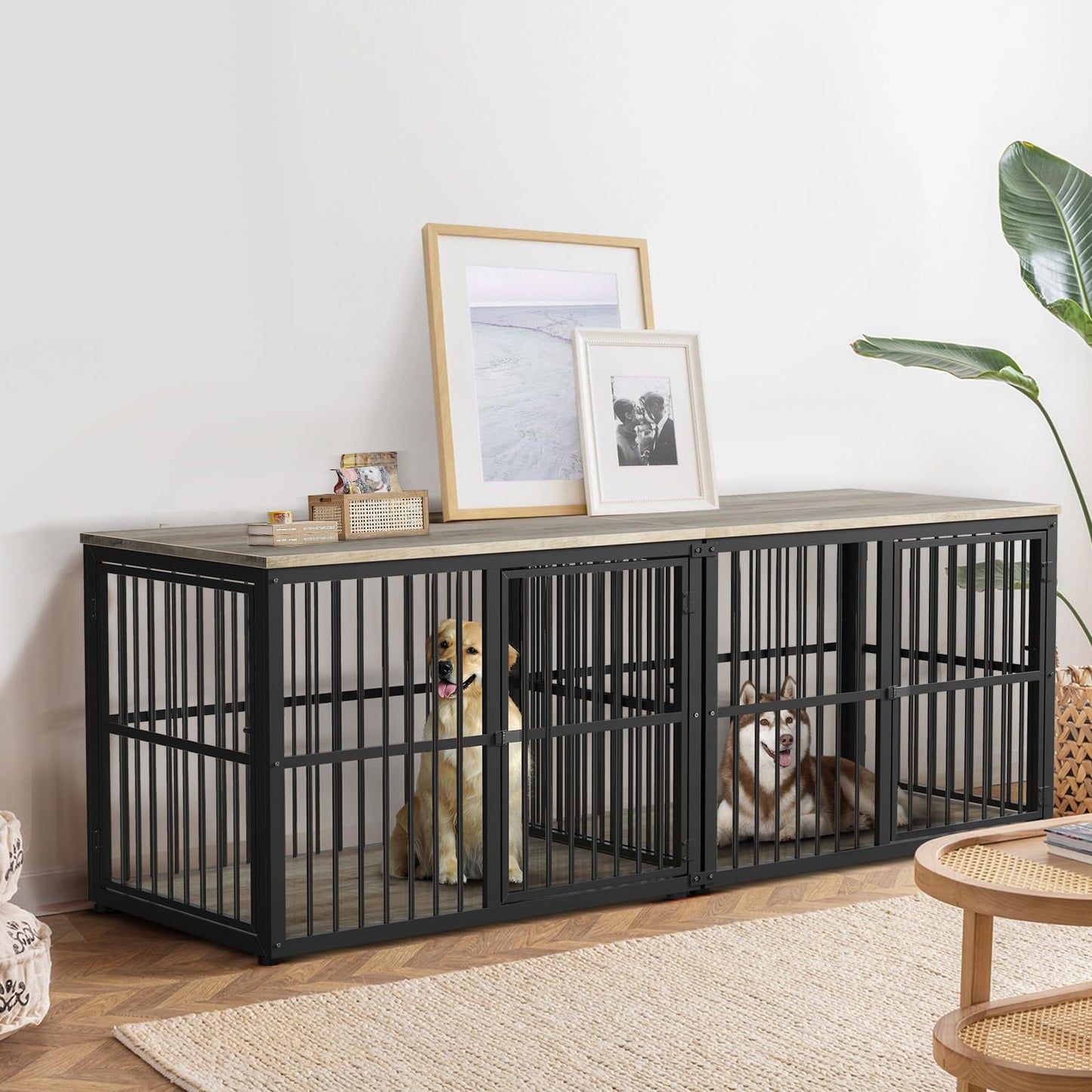 Lyromix 86.62''Dog Crate Furniture Large Breed TV Stand with Double Rooms,Wooden Dog Kennel Dog Crate End Table with Removable Divider for Large Medium Dogs, Can Use Separately - WoodArtSupply