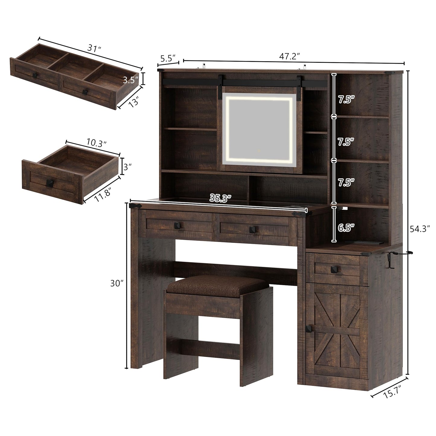 jiteentarou Farmhouse 47.2" Makeup Vanity Desk with Sliding Mirror and Lights, Vanity Set with Stool & Charging Station, 3 Colors Lights, Glass Desktop, Ample Storage, Brown - WoodArtSupply