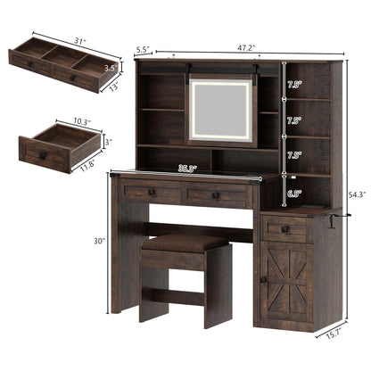 jiteentarou Farmhouse 47.2" Makeup Vanity Desk with Sliding Mirror and Lights, Vanity Set with Stool & Charging Station, 3 Colors Lights, Glass Desktop, Ample Storage, Brown - WoodArtSupply