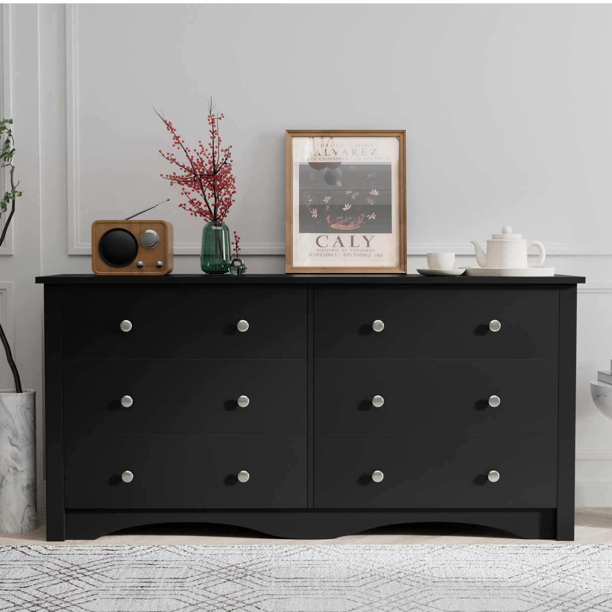 JUMMICO 6 Drawer Double Dresser for Bedroom, Industrial Wood Dresser Modern 6 Chest of Deep Drawers, Wide Storage Organizer Cabinet for Living Room (Black) JUMMICO