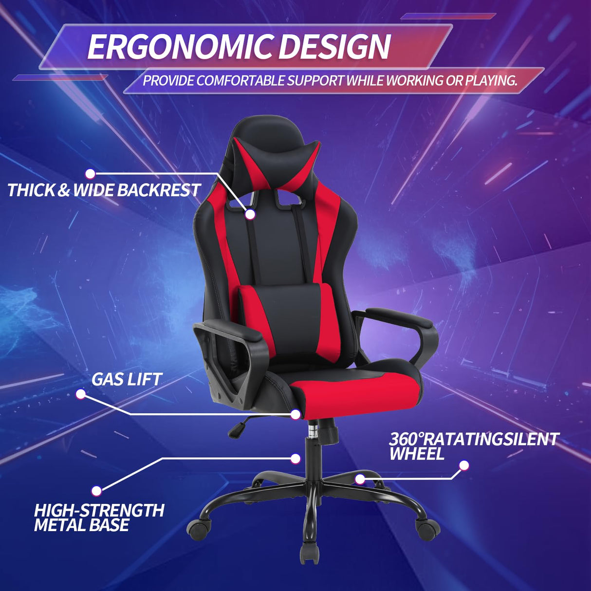 Gaming Chair High-Back Office Chair Ergonomic Video Game Chairs Height Adjustable Reclining Computer Chair with Lumbar Support Armrest Headrest Swivel Chair Game Chair for Adult Teen - Red BSTOPHKL