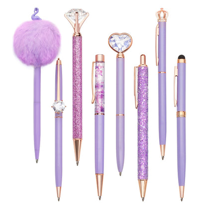 WEMATE 8Pcs Ballpoint Pens Set Metal Crystal Diamond Pen Glitter Pen for Journaling Purple Pens Bling in Black & Blue Ink Pretty Cute Pens Fancy Pens Gifts for Women Wedding School Office Desk(Purple)