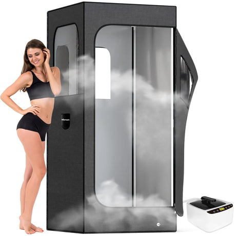 Adamson Full Size Portable Steam Sauna - Indoor Sauna Tent for Home Spa Relaxation + Boost Health and Recovery + 2.6L 1000W Steamer + Chair + Remote + Foot Massager - New - Nylon Black Adamson