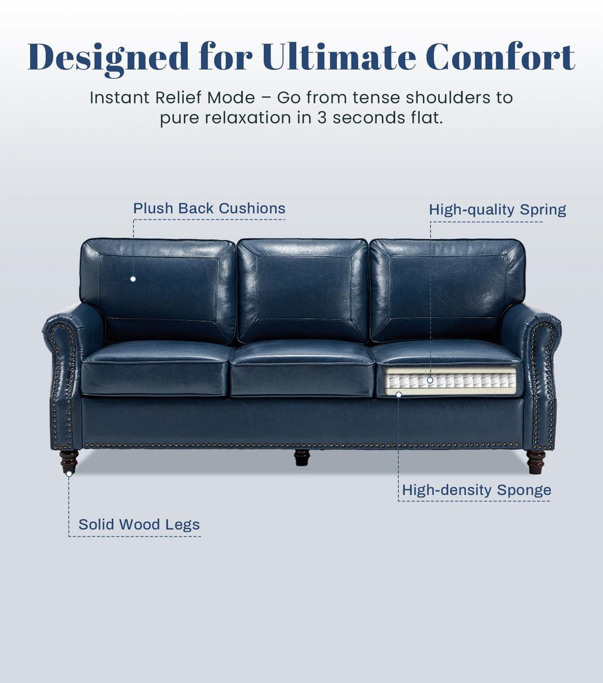 Kingfun Mid-Century Modern Couch, Faux Leather Sofa, 3 Seater Couch for Living Room with Rolled arms & Nailhead Trim, Blue Kingfun