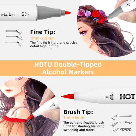 HOTU Alcohol Markers Brush Tip and Fine Tip 50 Colors Dual Tips Art Marker Set Alcohol-based Sketch Pens with Carrying Case，Non-Bleeding Pad for Artist Adults Coloring Illustration HOTU
