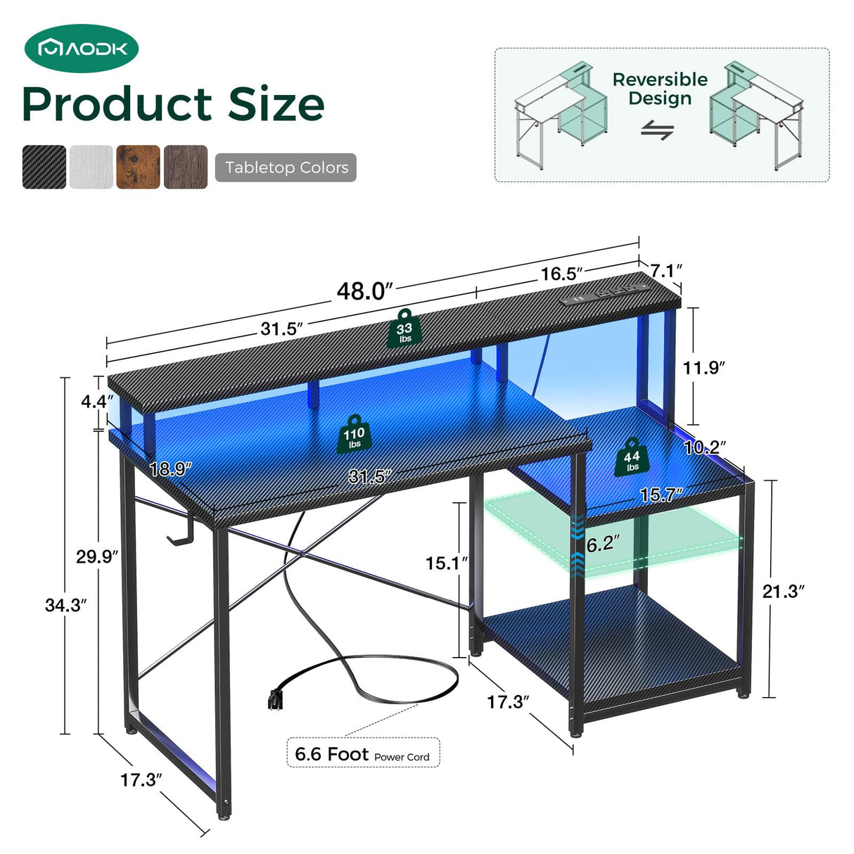 AODK Computer Desk, 48 Inch Gaming Desk with Led Lights & Power Outlet, Office Desk with Printer Storage Shelves, Reversible Desk with Monitor Shelf & Headphone Hook, Carbon Fiber Black AODK