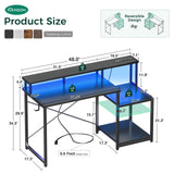 AODK Computer Desk, 48 Inch Gaming Desk with Led Lights & Power Outlet, Office Desk with Printer Storage Shelves, Reversible Desk with Monitor Shelf & Headphone Hook, Carbon Fiber Black AODK