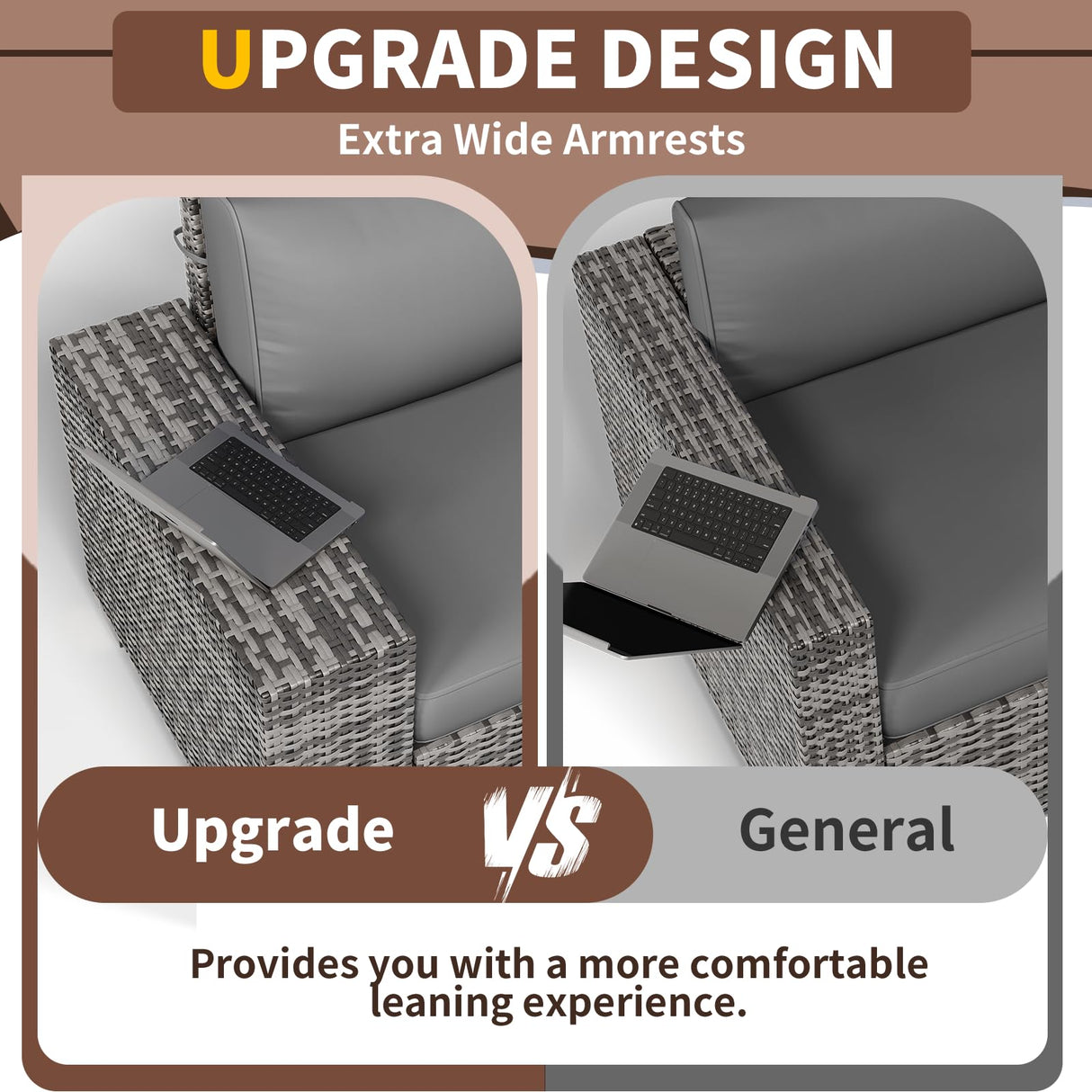 Poteban 6 Pieces Patio Furniture Set, Wide Arm Outdoor Patio Sectional Couch Set, All Weather Wicker Rattan Conversation Set w/Cushions and Glass Table and Waterproof Cover, Grey & Grey Poteban