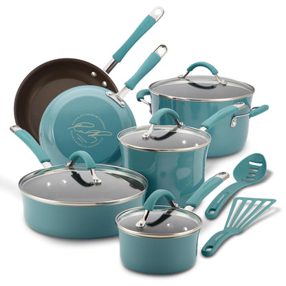 Rachael Ray Cucina Nonstick Cookware Pots and Pans Set, 12 Piece, Agave Blue