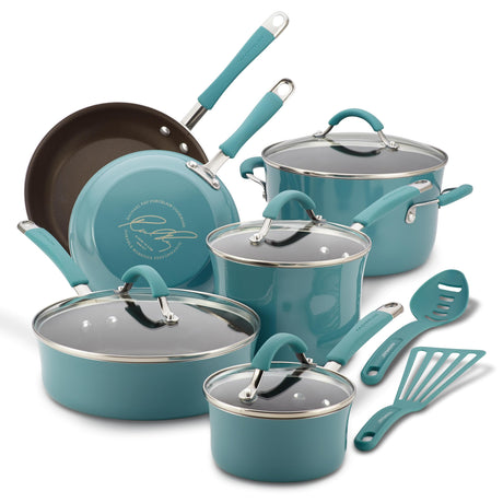 Rachael Ray Cucina Nonstick Cookware Pots and Pans Set, 12 Piece, Agave Blue Rachael Ray