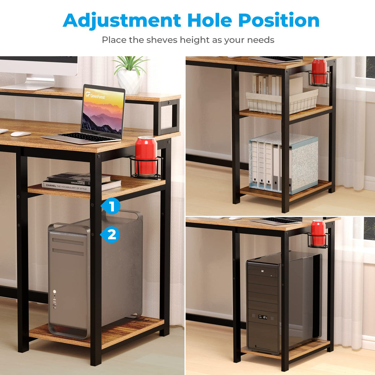 GreenForest 47 inch Computer Desk with Power Outlets, Small Home Office Desk with Ergonomic Monitor Stand, Reversible Gaming Desk, Modern Study Desk, Laptop Desk, Walnut GreenForest