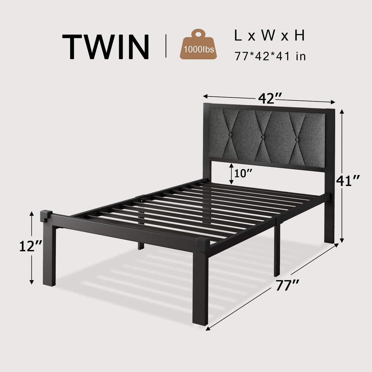 Einhomn Twin Size Metal Bed Frame, Platform Bed with Upholstered Button Tufted Headboard, 12" Underbed Storage, Steel Slats Support, No Box Spring Needed, Easy Assembly, Noise-Free, Dark Grey Einhomn