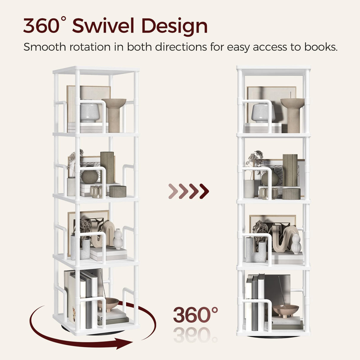 MAHANCRIS 4-Tier Rotating Bookshelf, Freestanding Corner Bookshelf, 360° Spinning Bookcase, Industrial Style Storage Rack with Rails, for Living Room, Bedroom, Study, White BKWT1501 MAHANCRIS