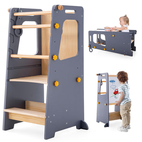 4 in 1 Toddler Kitchen Tower, Kids Kitchen Stool Helper, Standing Tower with Convertible Table and Chair, Toddler Step Stool with Adjustable-Height,Whiteboard and Safety Rail for Kitchen Aokkto