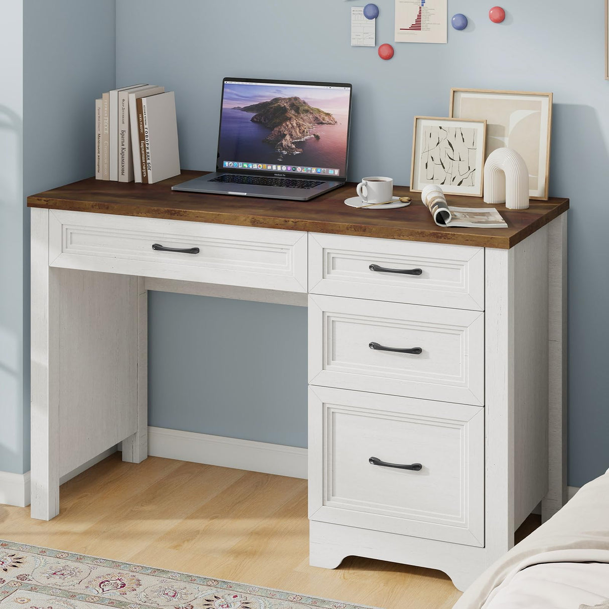 Halitaa Farmhouse Executive Desk with Drawers, Wood Computer Desk with Ample File Drawer, Rustic Home Office Desk with Storage for Bedroom, Living Room, White Halitaa