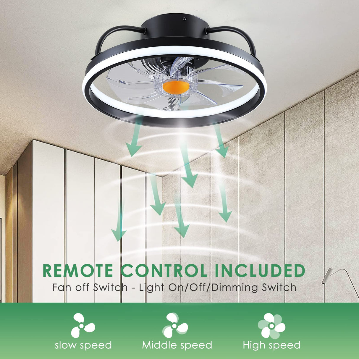 Mpayel Flush Mount Ceiling Fans with Lights and Remote Control，Modern Enclosed Bladeless,15'' Low Profile Ceiling Fan with Stepless Dimming Lighting Fixture for Bedroom Kitchen（Black）…… Mpayel