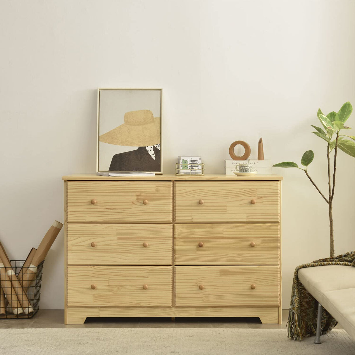 Better Home Products Solid Pine Wood 6 Drawer Double Dresser in Natural. Better Home Products