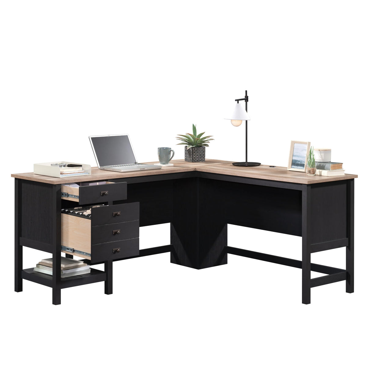Sauder Cottage Road L Shaped Desk Computer Desk with Drawers, Home Office Desk with Optional File Cabinet Storage, Cable Management, in Raven Oak Finish Sauder
